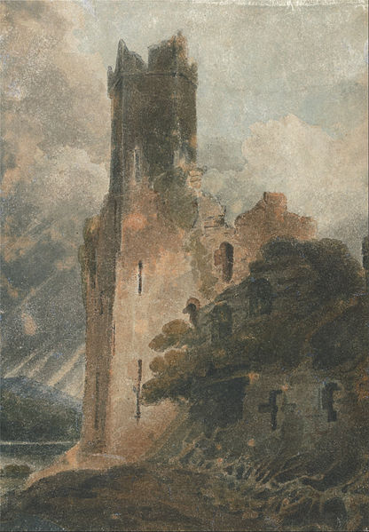 Tower of a wrecked castle in the fog